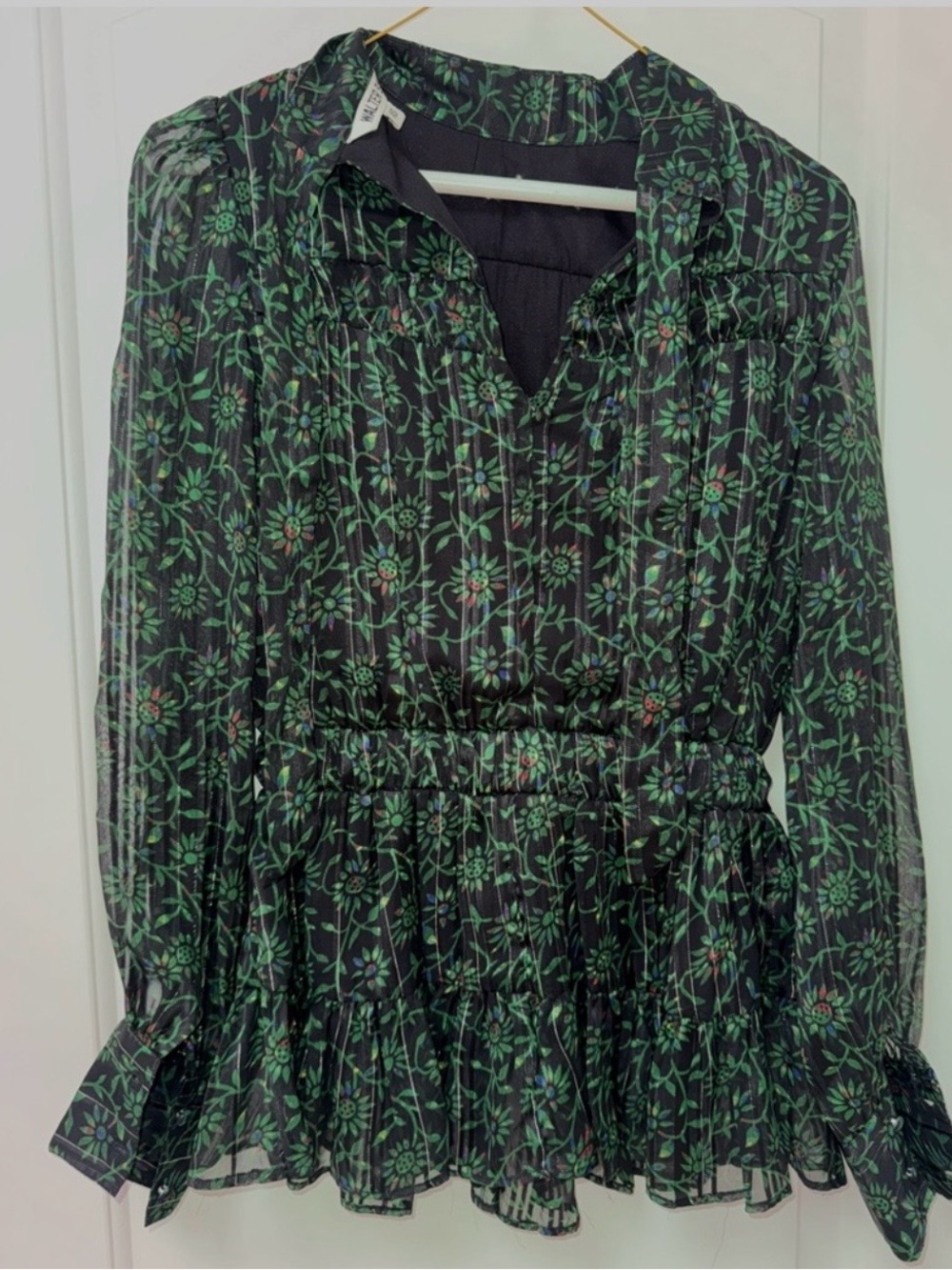 Walter Baker Green & Black Floral Smocked Tiered Blouse — Size XS